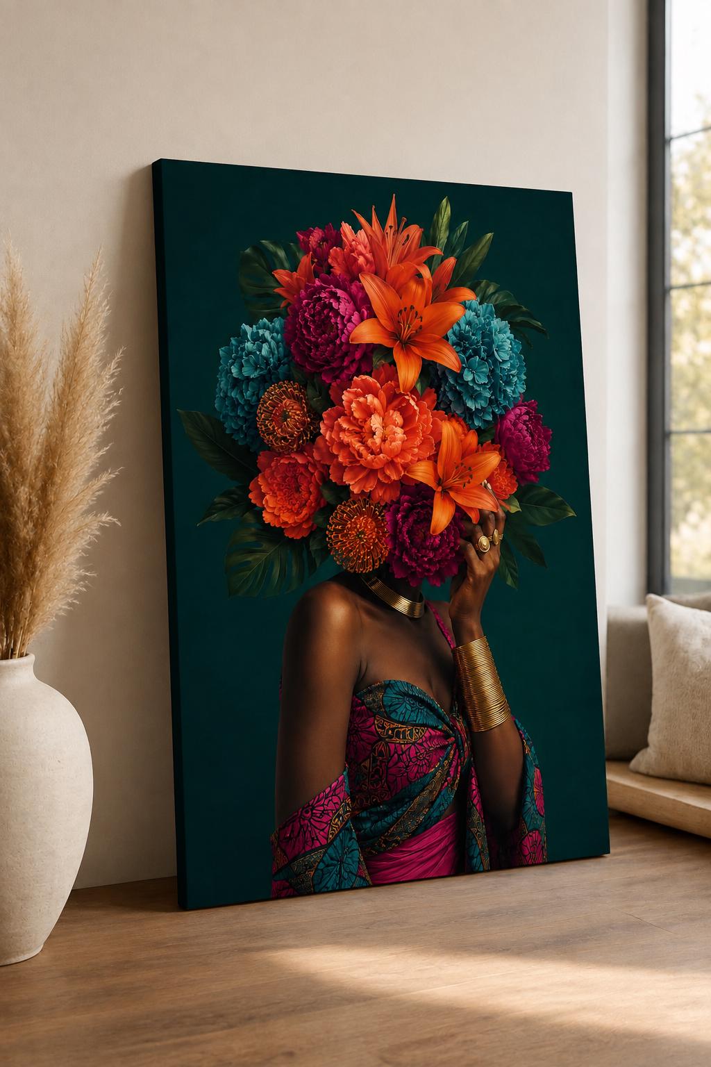 Quadro figura femminile con bouquet al posto del volto - Fioritura Interiore, stampa, tela o cornice