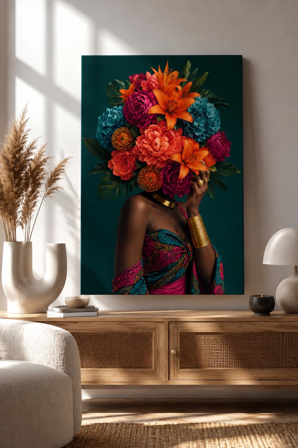 Quadro figura femminile con bouquet al posto del volto - Fioritura Interiore, stampa, tela o cornice