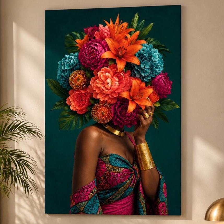 Quadro figura femminile con bouquet al posto del volto - Fioritura Interiore, stampa, tela o cornice