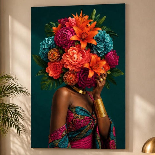 Quadro figura femminile con bouquet al posto del volto - Fioritura Interiore, stampa, tela o cornice