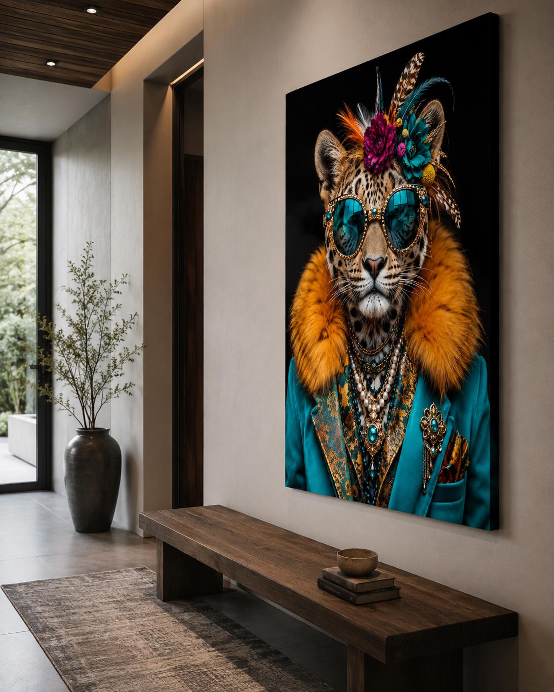 Quadro leopardo elegante con occhiali e gioielli - Leopardo Dandy, stampa, tela o cornice