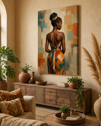 Quadro figura femminile africana con abito geometrico - Eleganza d'Africa, stampa, tela o cornice