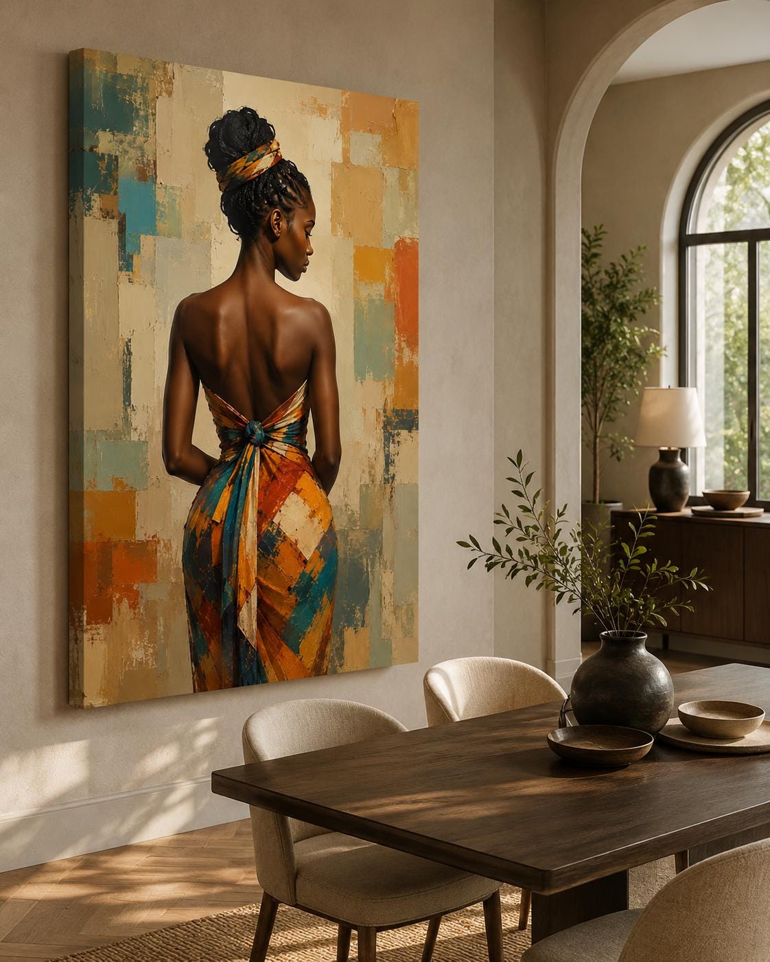 Quadro figura femminile africana con abito geometrico - Eleganza d'Africa, stampa, tela o cornice