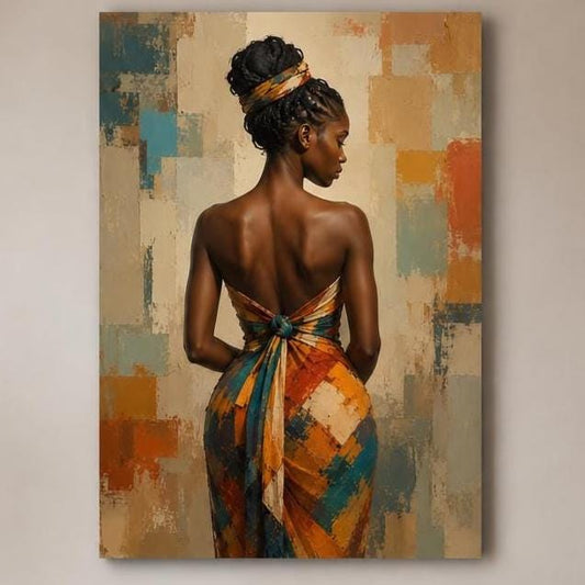 Quadro figura femminile africana con abito geometrico - Eleganza d'Africa, stampa, tela o cornice