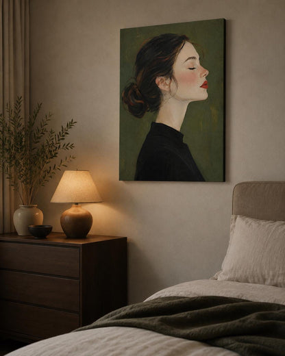 Quadro profilo femminile raccolto con occhi chiusi - Profilo Sereno, stampa, tela o cornice