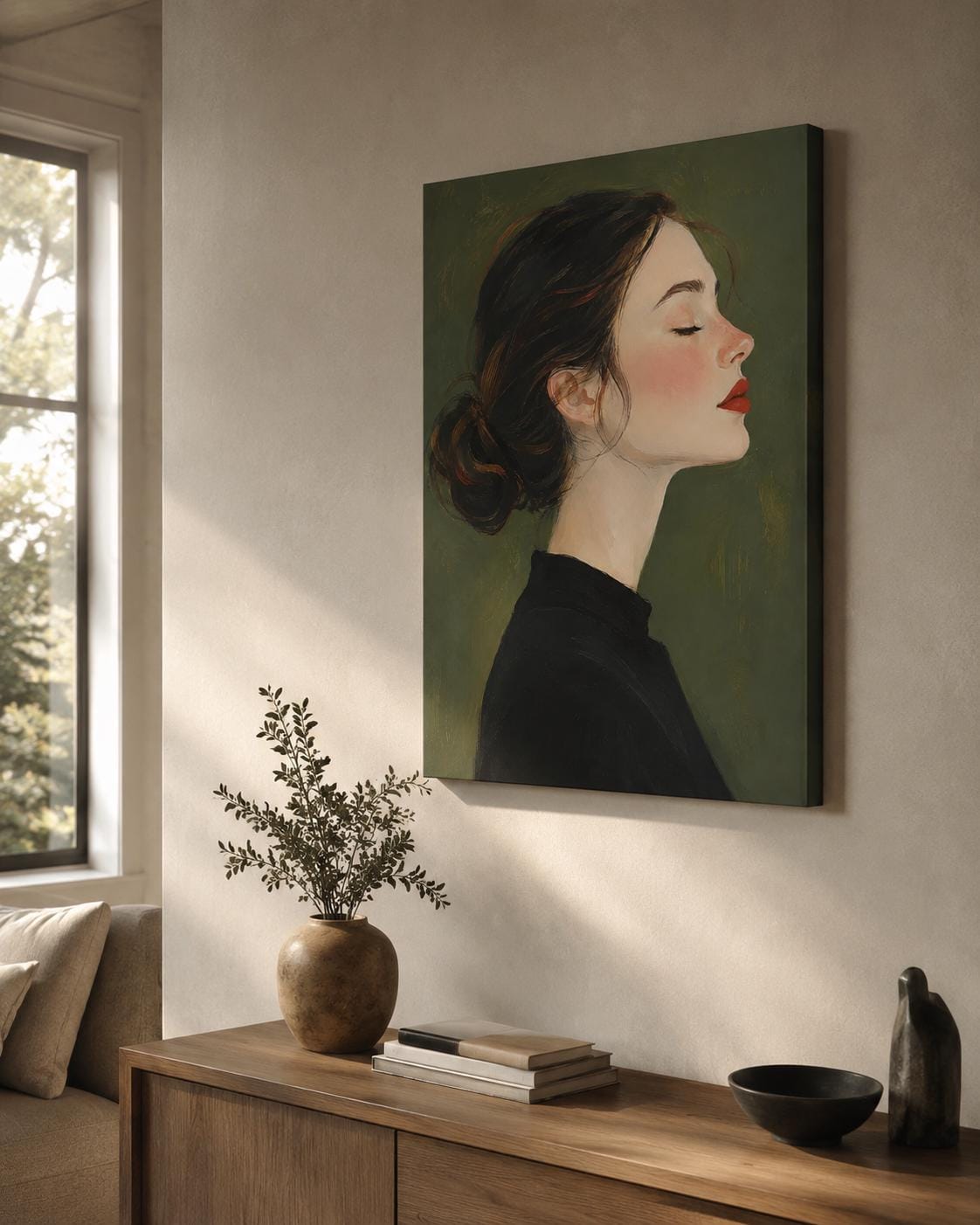 Quadro profilo femminile raccolto con occhi chiusi - Profilo Sereno, stampa, tela o cornice
