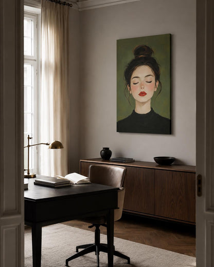 Quadro ritratto femminile con occhi chiusi e rossetto rosso - Rossetto Rosso I, stampa, tela o cornice