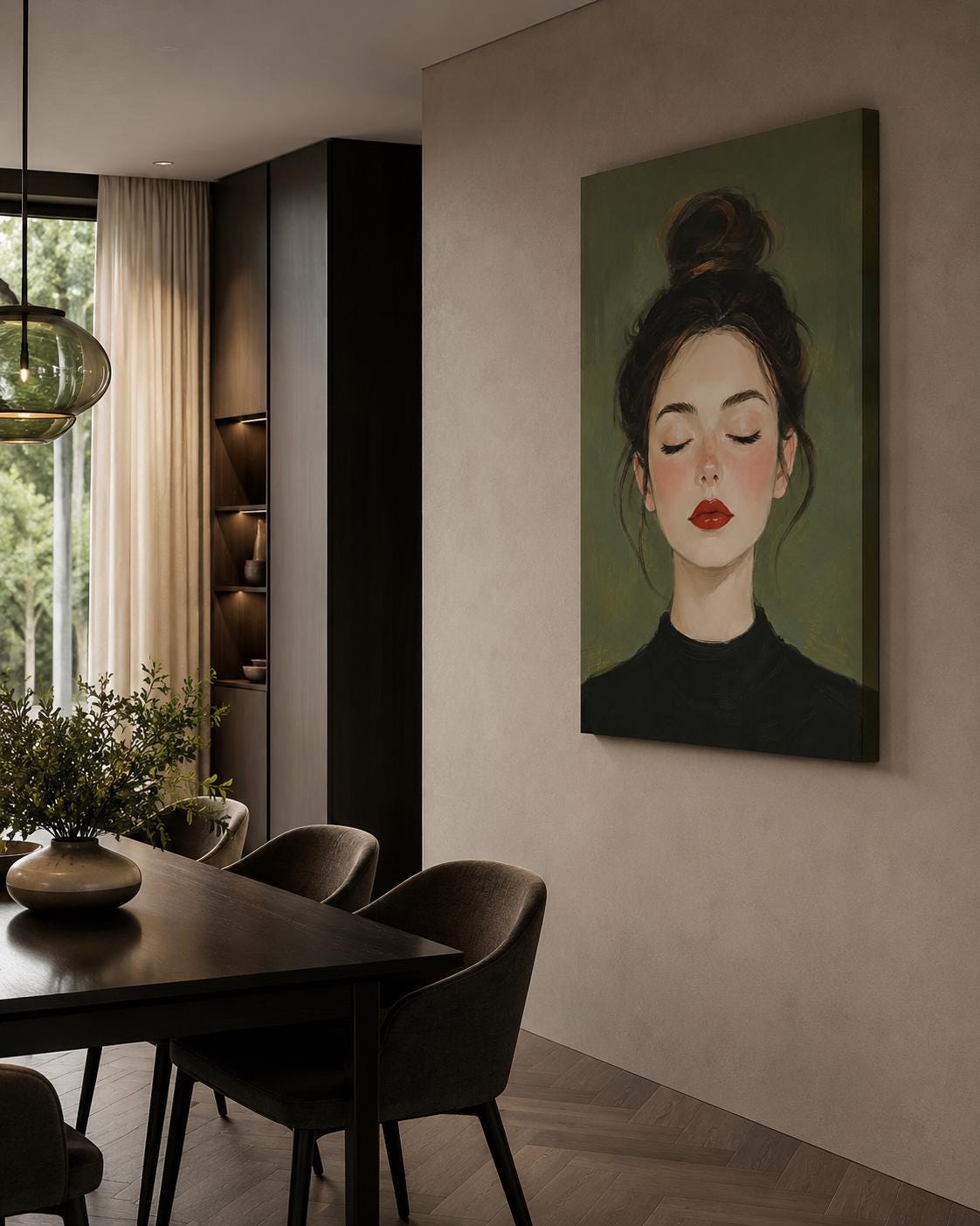 Quadro ritratto femminile con occhi chiusi e rossetto rosso - Rossetto Rosso I, stampa, tela o cornice