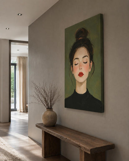 Quadro ritratto femminile con occhi chiusi e rossetto rosso - Rossetto Rosso I, stampa, tela o cornice