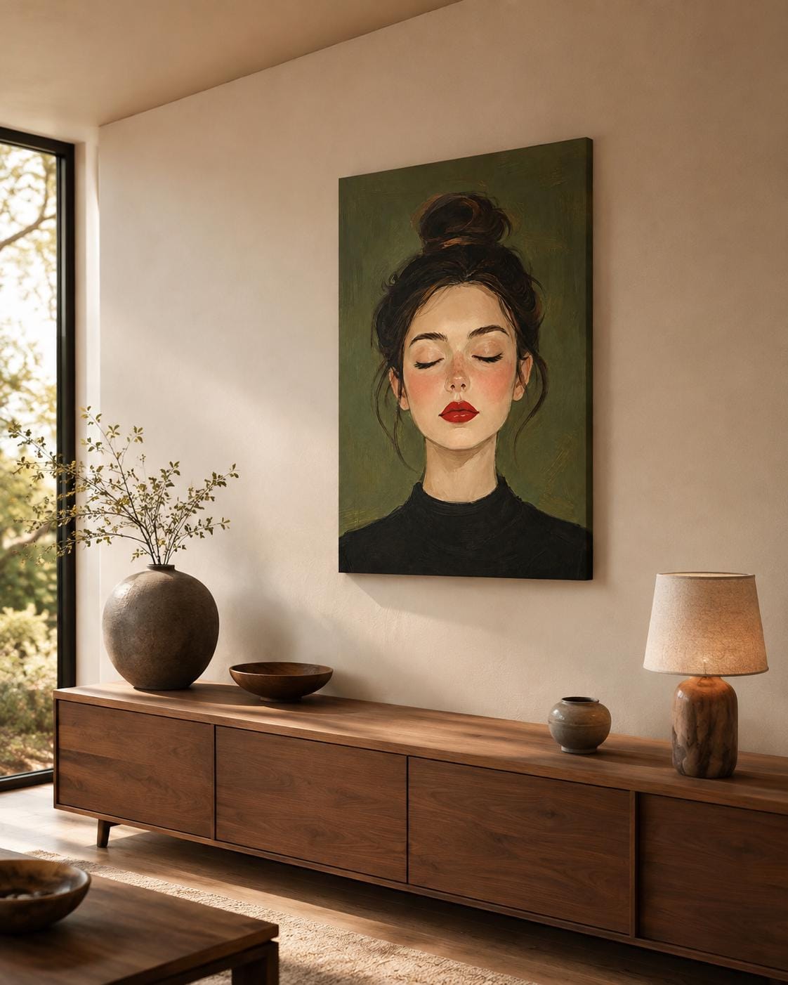 Quadro ritratto femminile con occhi chiusi e rossetto rosso - Rossetto Rosso I, stampa, tela o cornice