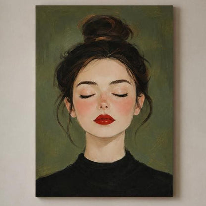 Quadro ritratto femminile con occhi chiusi e rossetto rosso - Rossetto Rosso I, stampa, tela o cornice