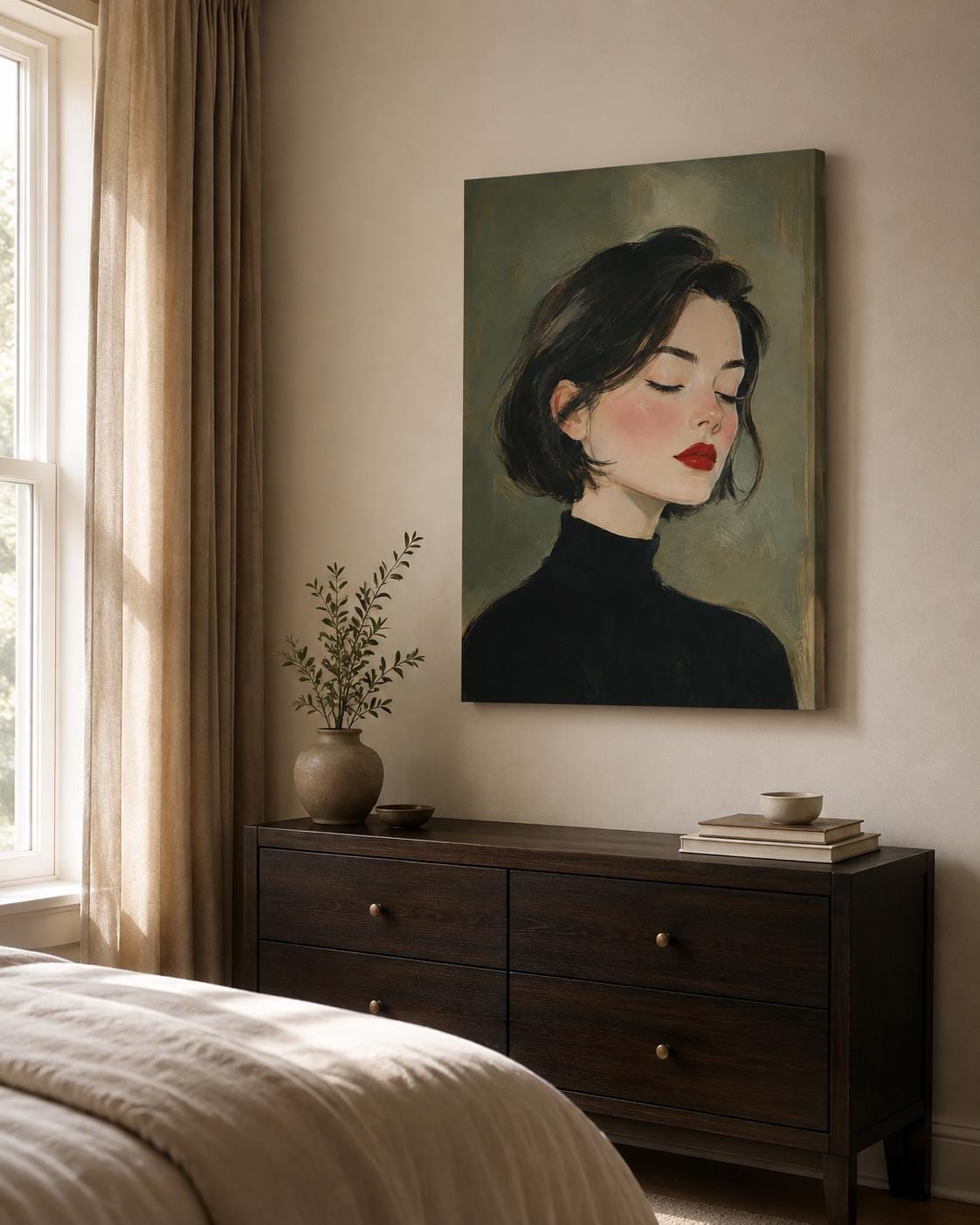 Quadro profilo femminile con dolcevita nero - Profilo in Rosso, stampa, tela o cornice