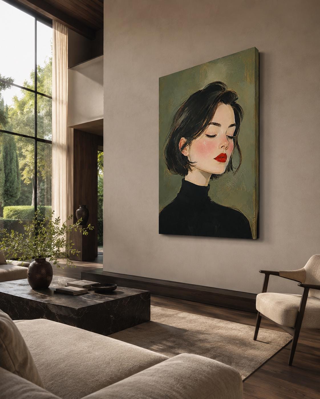 Quadro profilo femminile con dolcevita nero - Profilo in Rosso, stampa, tela o cornice