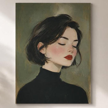 Quadro profilo femminile con dolcevita nero - Profilo in Rosso, stampa, tela o cornice