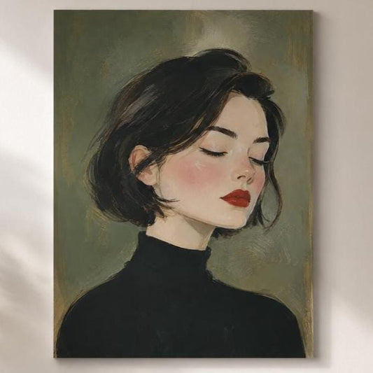 Quadro profilo femminile con dolcevita nero - Profilo in Rosso, stampa, tela o cornice
