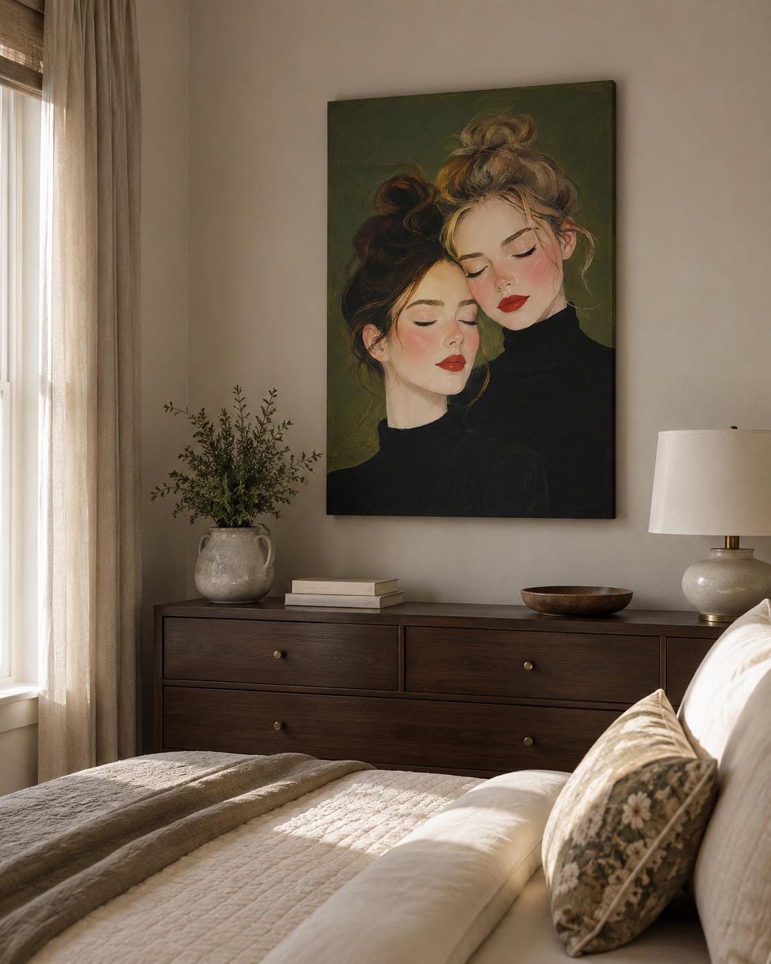 Quadro due figure femminili accostate con occhi chiusi - Sorelle in Quiete, stampa, tela o cornice