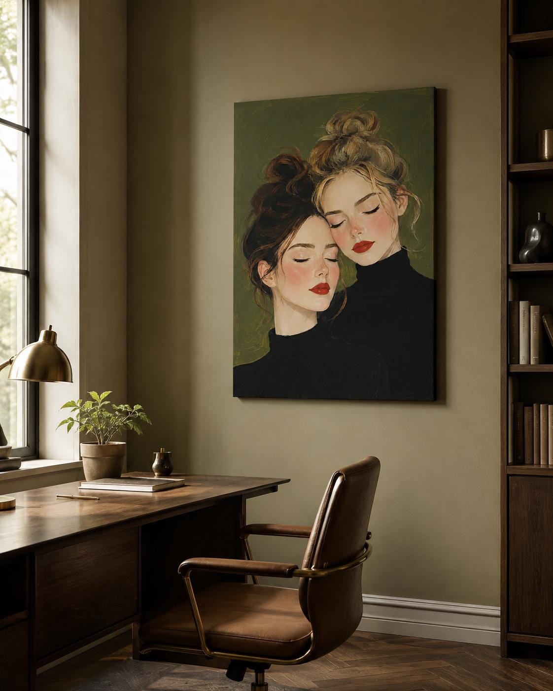 Quadro due figure femminili accostate con occhi chiusi - Sorelle in Quiete, stampa, tela o cornice