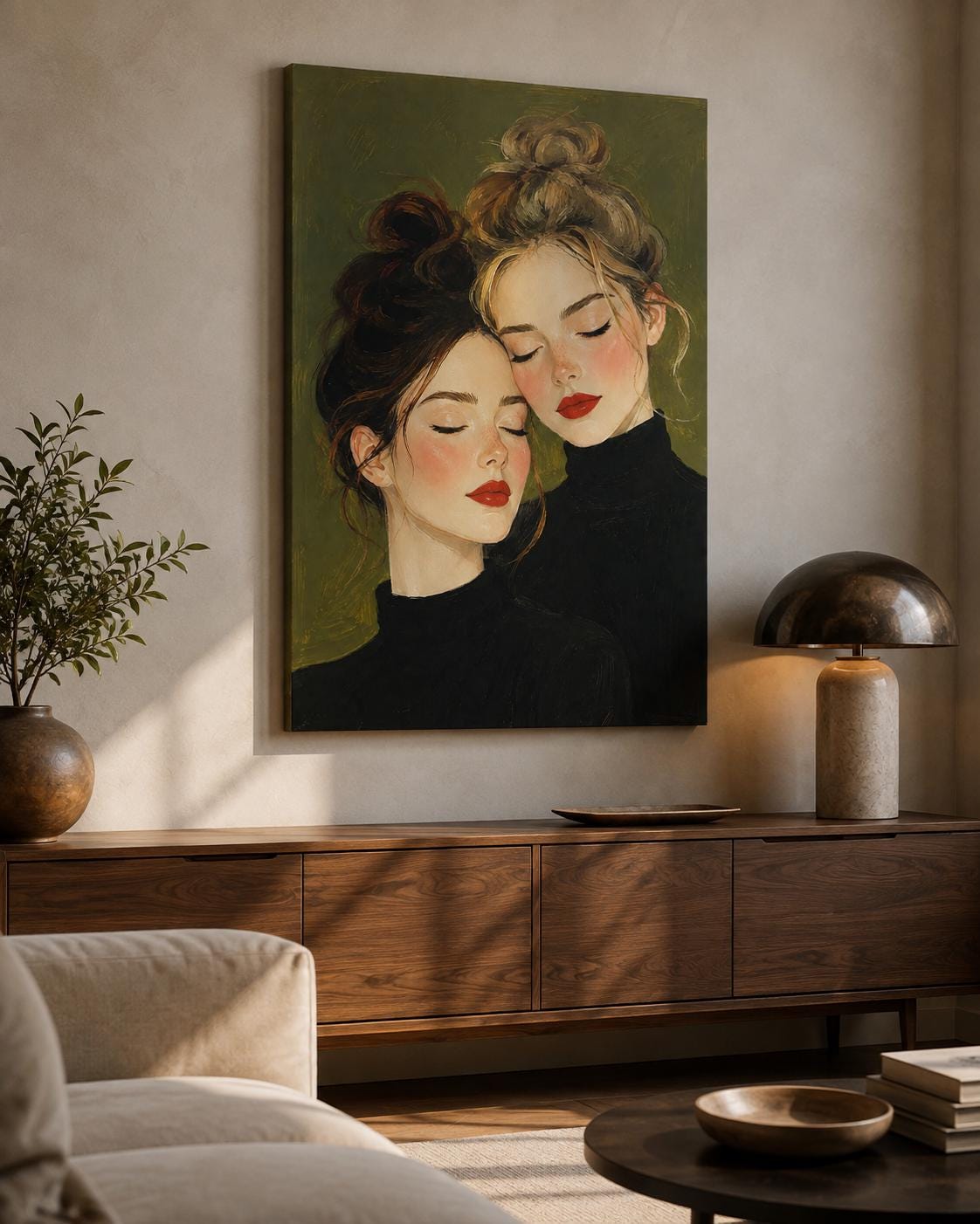 Quadro due figure femminili accostate con occhi chiusi - Sorelle in Quiete, stampa, tela o cornice