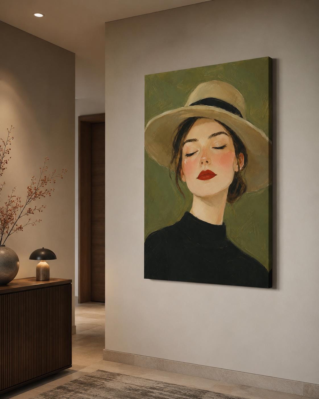Quadro ritratto femminile con cappello a tesa larga - Donna con Cappello, stampa, tela o cornice