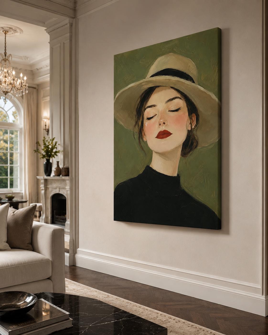 Quadro ritratto femminile con cappello a tesa larga - Donna con Cappello, stampa, tela o cornice