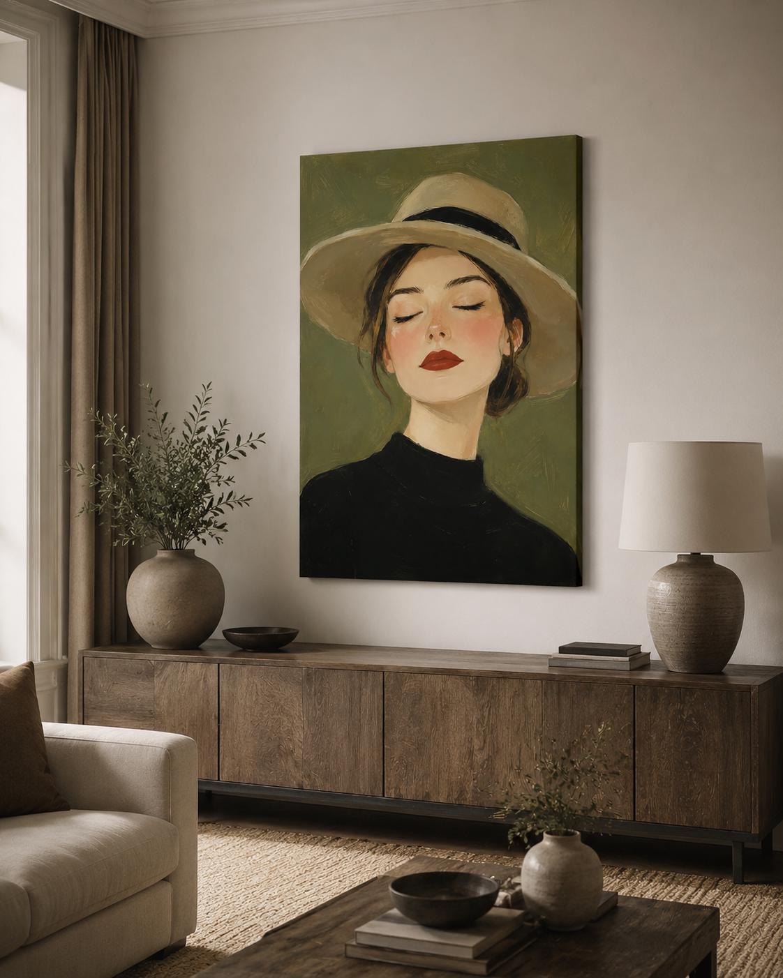 Quadro ritratto femminile con cappello a tesa larga - Donna con Cappello, stampa, tela o cornice