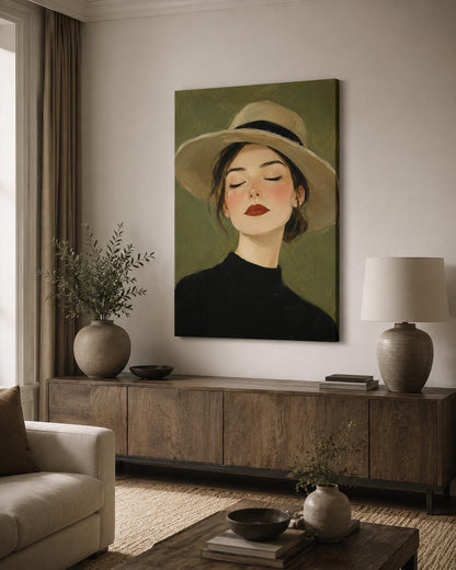 Quadro ritratto femminile con cappello a tesa larga - Donna con Cappello, stampa, tela o cornice
