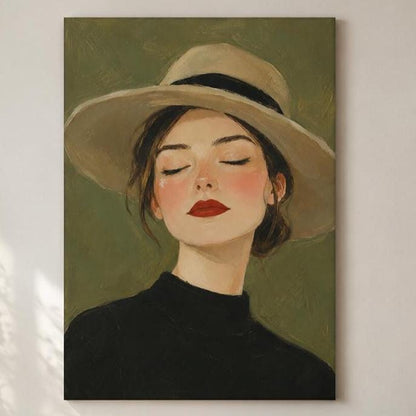 Quadro ritratto femminile con cappello a tesa larga - Donna con Cappello, stampa, tela o cornice