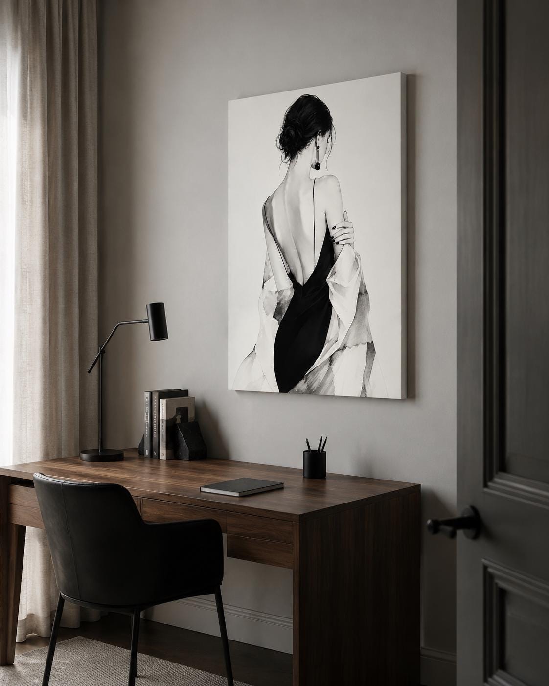 Quadro figura femminile di spalle in abito nero - Eleganza in Nero, stampa, tela o cornice