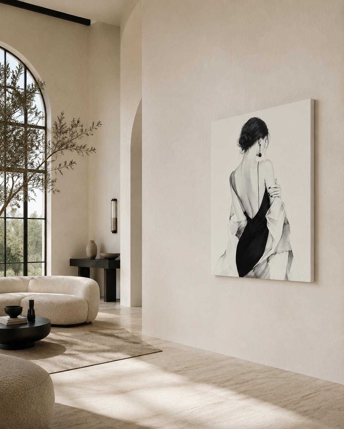 Quadro figura femminile di spalle in abito nero - Eleganza in Nero, stampa, tela o cornice