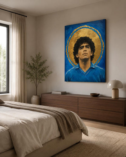 Quadro ritratto frontale di calciatore con aureola dorata - Icona Azzurra II, stampa, tela o cornice