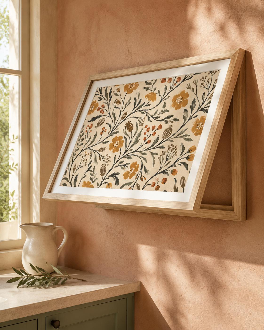 Copricontatore apribile con fiori vintage color senape, cornice o tela