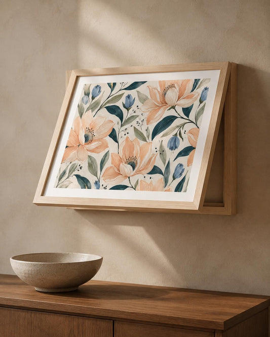 Copricontatore apribile con magnolie color pesca e boccioli blu, cornice o tela