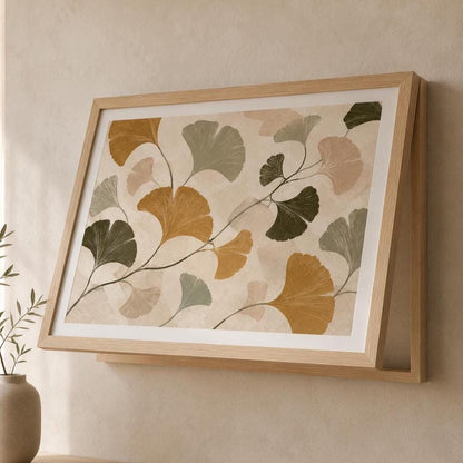 Copricontatore apribile con foglie di ginkgo ocra e salvia, cornice o tela