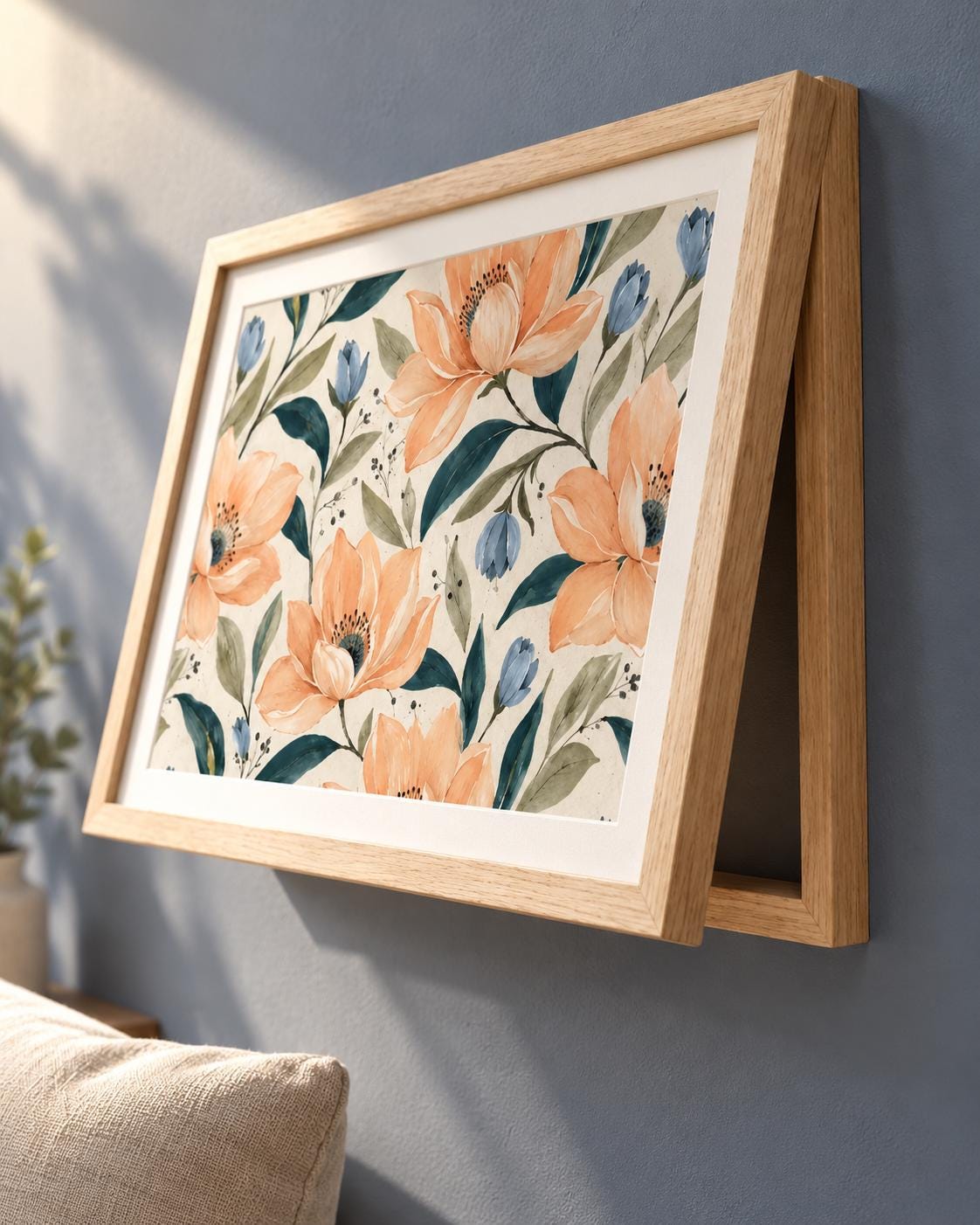 Copricontatore apribile con magnolie color pesca e boccioli blu, cornice o tela