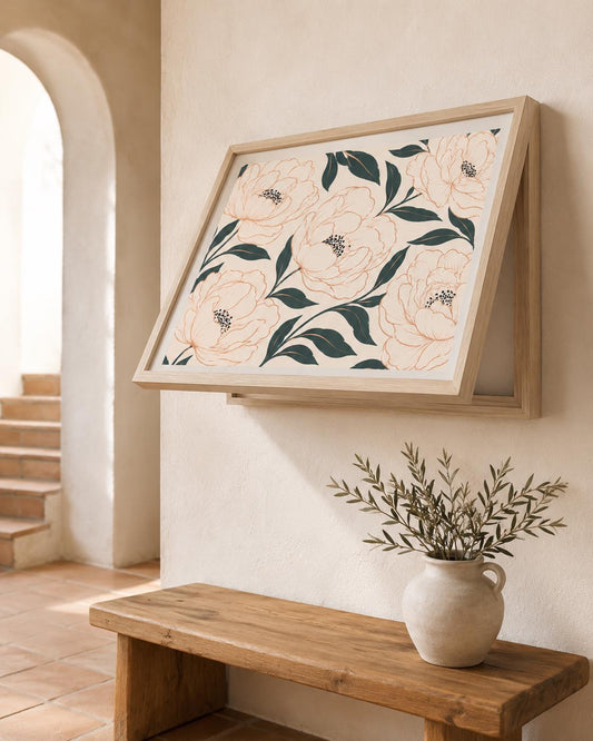 Copricontatore apribile con peonie rosa disegnate a contorno, cornice o tela