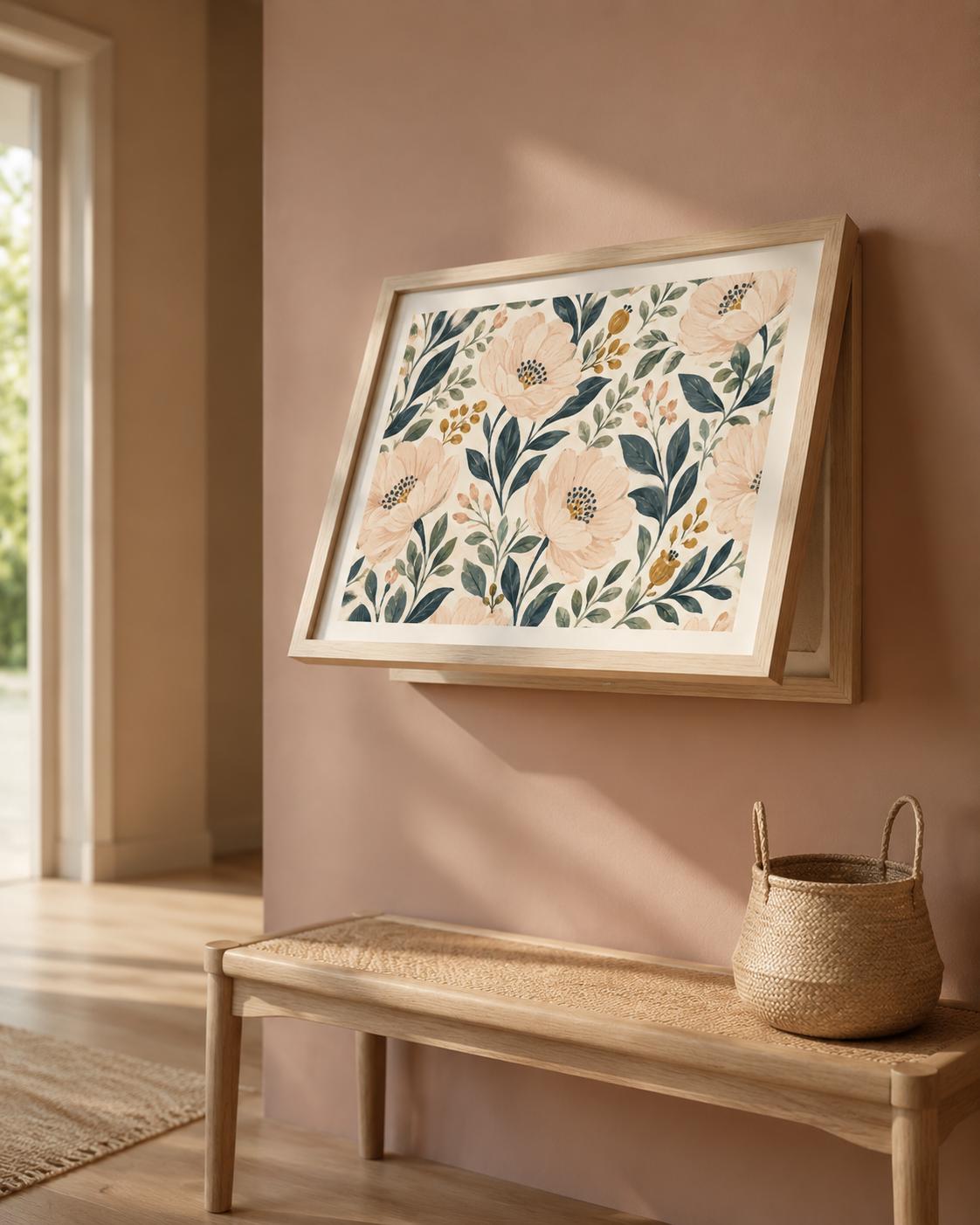 Copricontatore apribile con peonie color pesca e boccioli color senape, cornice o tela
