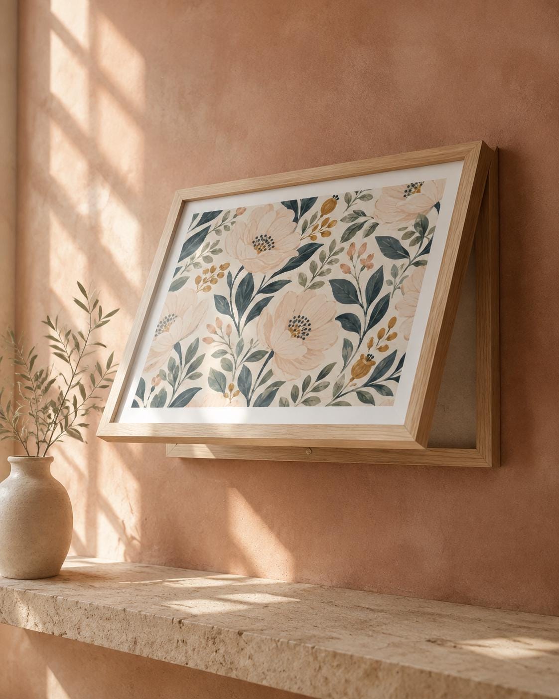 Copricontatore apribile con peonie color pesca e boccioli color senape, cornice o tela