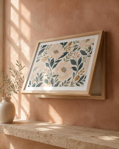Copricontatore apribile con peonie color pesca e boccioli color senape, cornice o tela
