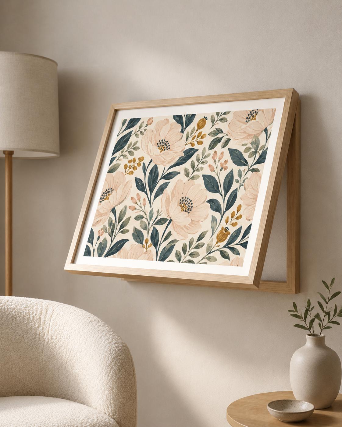 Copricontatore apribile con peonie color pesca e boccioli color senape, cornice o tela