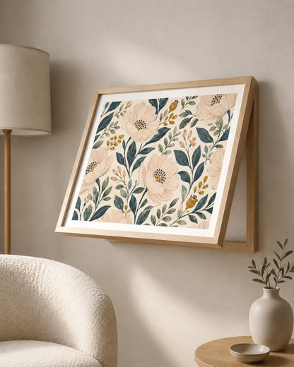 Copricontatore apribile con peonie color pesca e boccioli color senape, cornice o tela