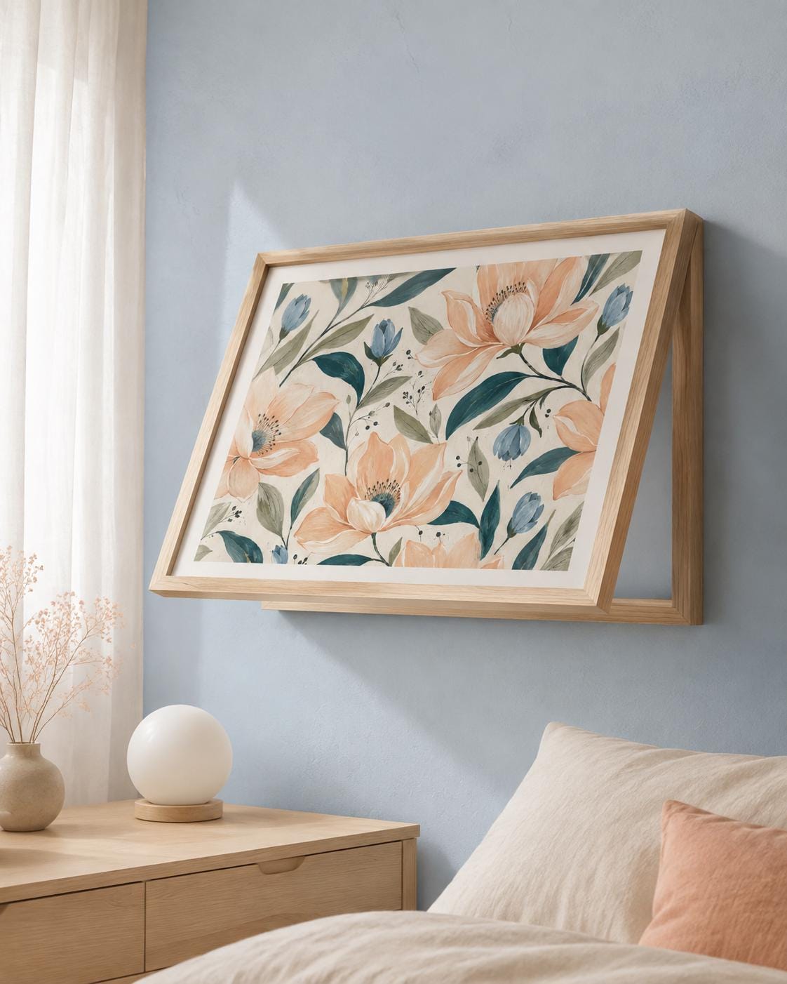 Copricontatore apribile con magnolie color pesca e boccioli blu, cornice o tela