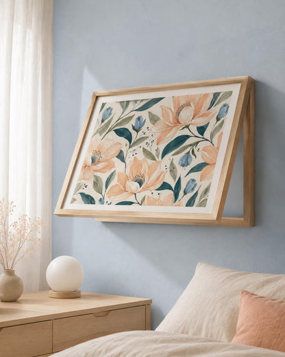 Copricontatore apribile con magnolie color pesca e boccioli blu, cornice o tela