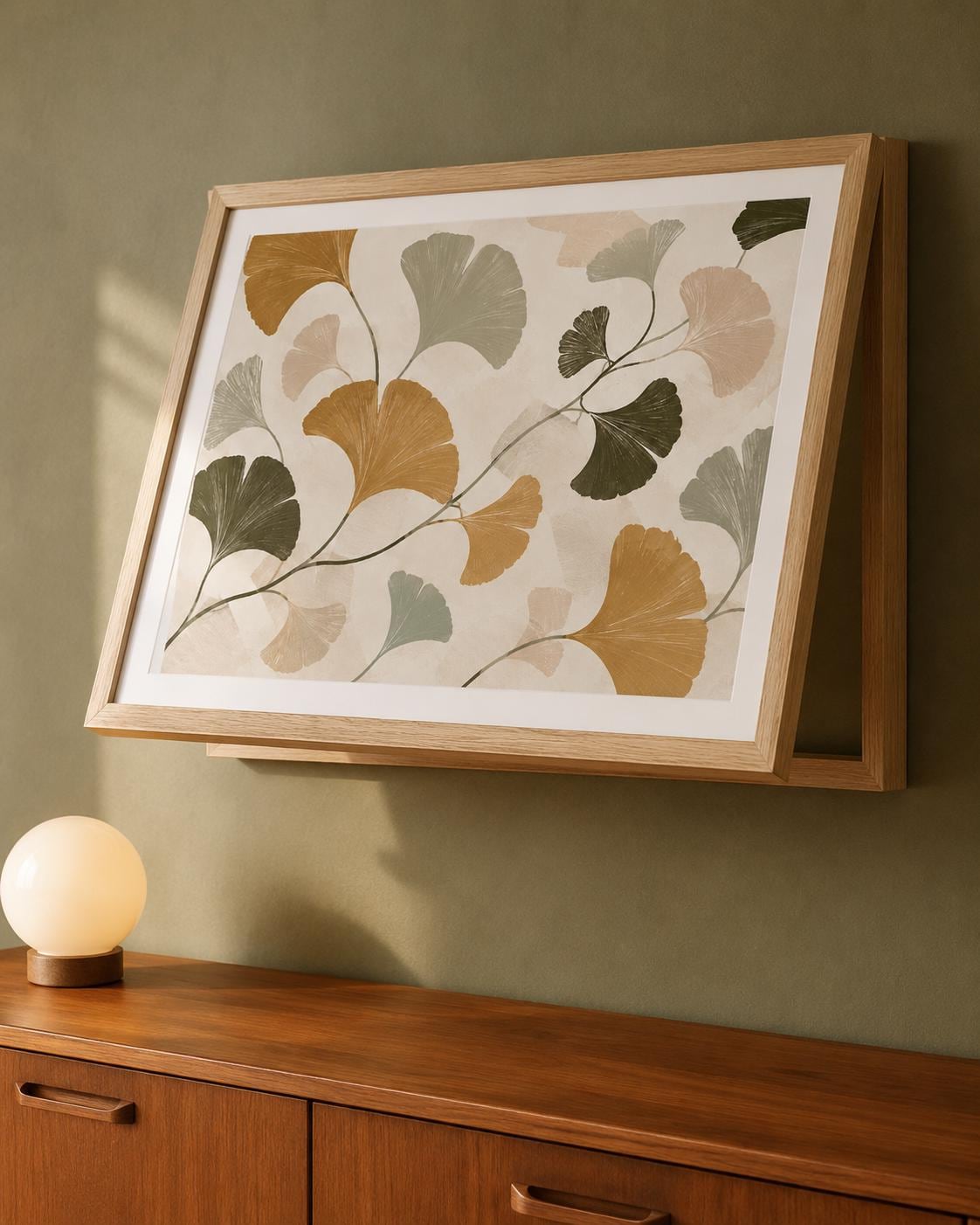 Copricontatore apribile con foglie di ginkgo ocra e salvia, cornice o tela