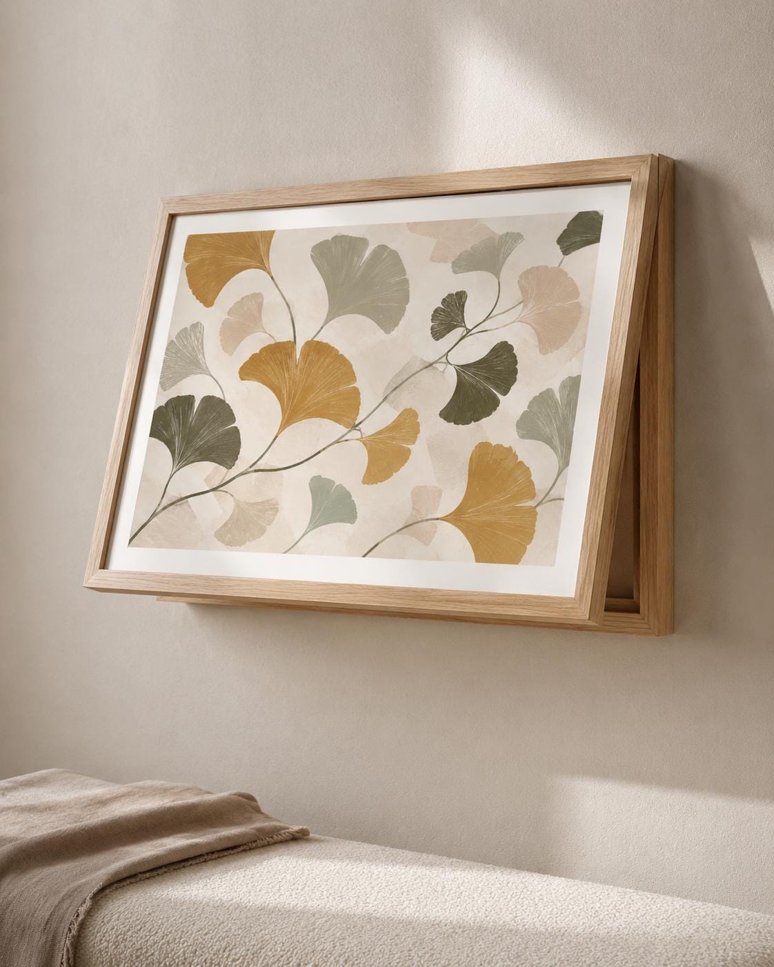 Copricontatore apribile con foglie di ginkgo ocra e salvia, cornice o tela