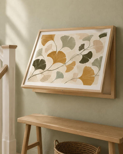 Copricontatore apribile con foglie di ginkgo ocra e salvia, cornice o tela