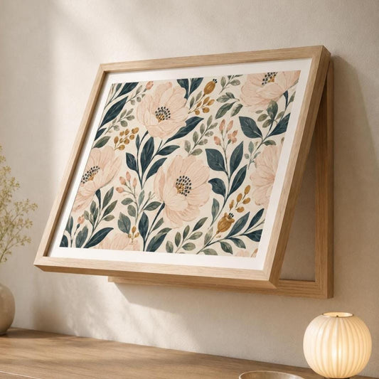 Copricontatore apribile con peonie color pesca e boccioli color senape, cornice o tela