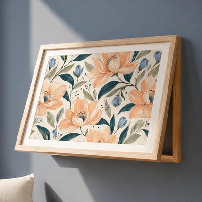 Copricontatore apribile con magnolie color pesca e boccioli blu, cornice o tela