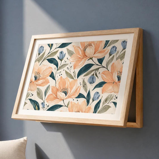 Copricontatore apribile con magnolie color pesca e boccioli blu, cornice o tela