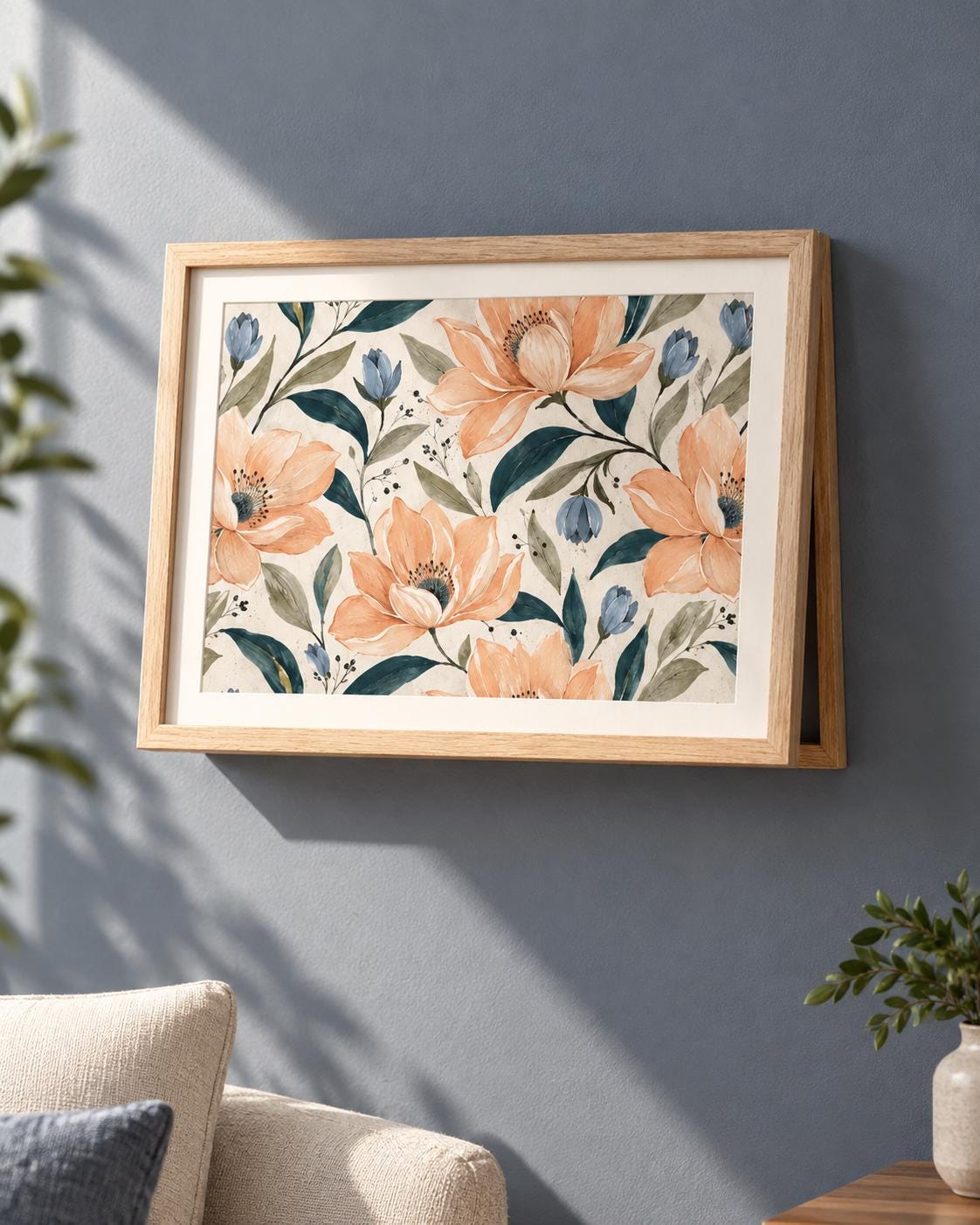 Copricontatore apribile con magnolie color pesca e boccioli blu, cornice o tela