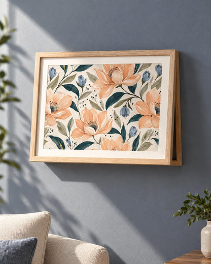 Copricontatore apribile con magnolie color pesca e boccioli blu, cornice o tela
